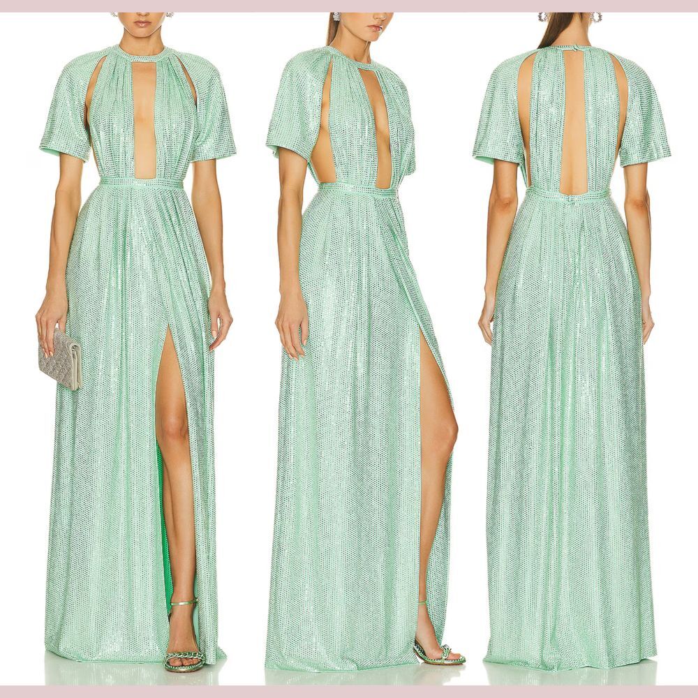 NWD $2995 AREA‎ [ Small ] Crystal Embellished Flutter Sleeve Gown in Mint Green